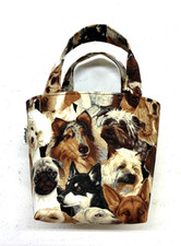 Handmade Fabric Lined Mini Tote Bag/Gift Bag Brown Face Dog Print Allover New