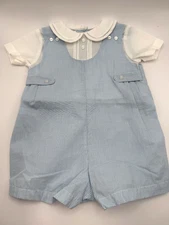 Petit Ami Baby Boy Romper Set 3M Blue Gingham Shortall w/ White Shirt Outfit 3M