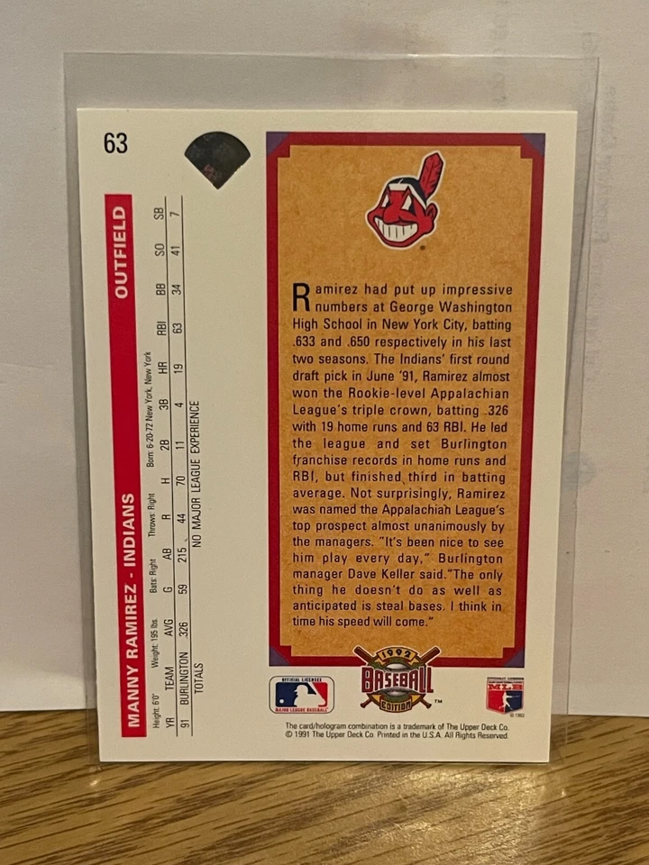 1992 Upper Deck Manny Ramirez Top Prospect Rookie #63 Indians Future HOFer NM-MT - Image 2 of 2