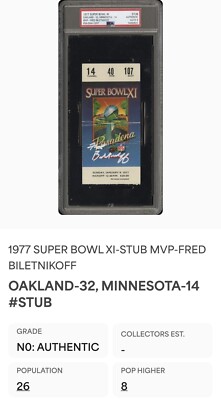 スーパーボウルXI チケット 1977年　半券 1977 FRED BILETNIKOFF SIGNED SUPERBOWL XI TICKET STUB RAIDERS