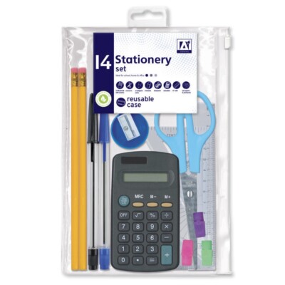 14 Stück Back to School Schreibpapier Mathematik Set Stifte Bleistiftetui Taschenrechner Schere