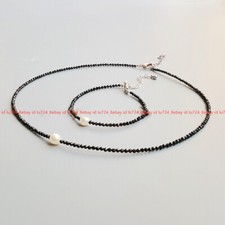 3mm Faceted Black Spinel 10mm White Shell Pearl Round Beads Necklace Bracelet