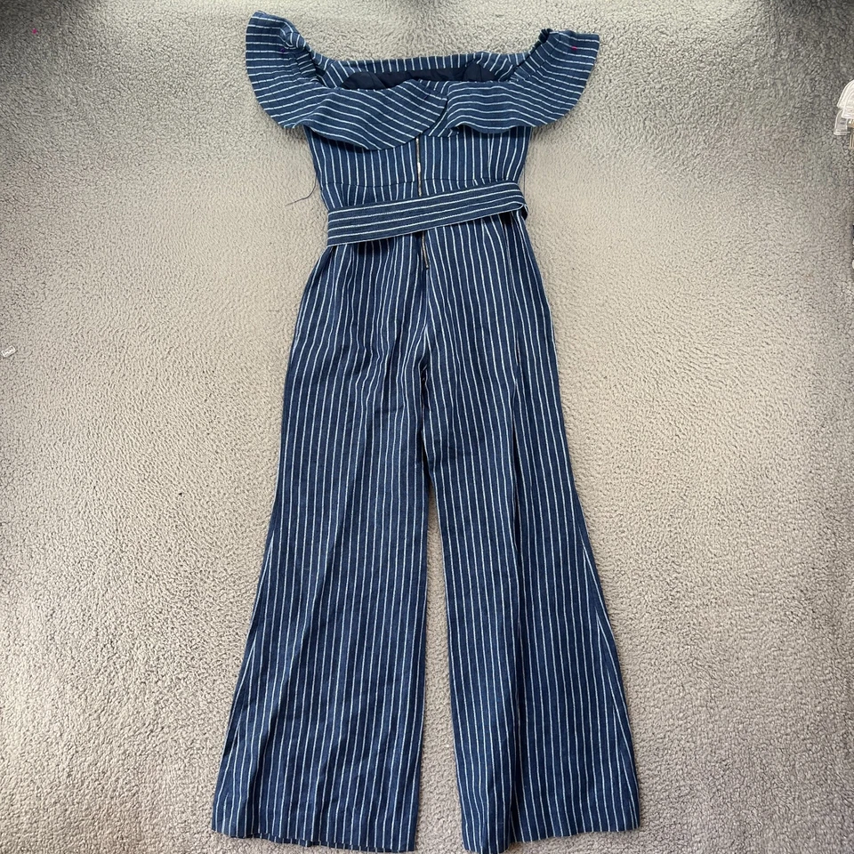Mono Alexis para mujer grande azul a rayas fuera del hombro pierna ancha con cinturón Foto 4 de 4
