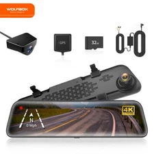 WOLFBOX 12" 4k Dash Cam With Free SD Mirror Cameras Front and Rear, W/WDR Camera