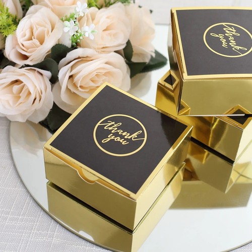 25 Gold Black 4x4 in Gift BOXES Thank You Print Favor Holders Party Decorations - Picture 5 of 9