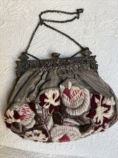 Antique Purse Ornate Frame, Foral Hand Embroidered, Metallic Acetate, Lined 3C