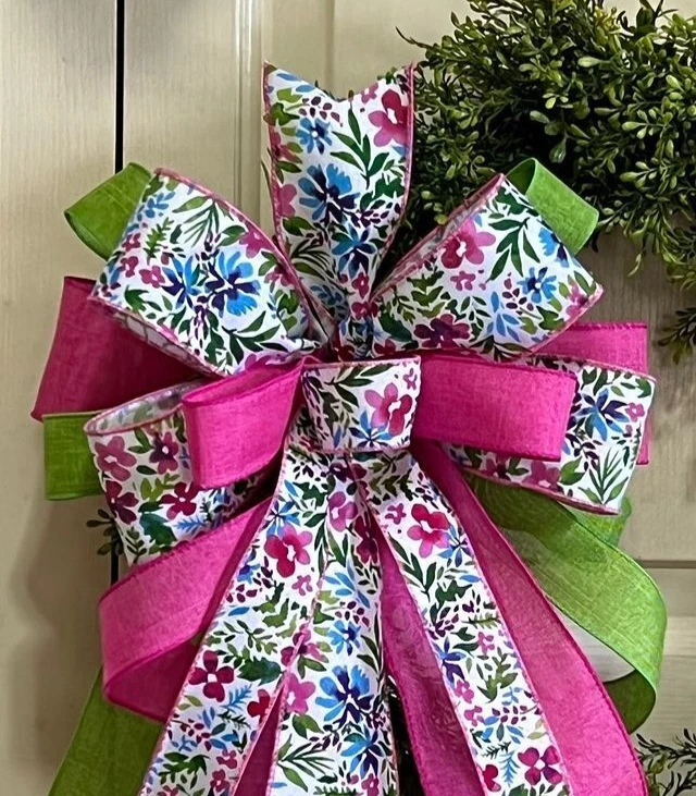 Corona de puerta de cinta con cable de resorte con arco floral rosa oscuro de 10", correo, cesta # 184 C rb Foto 2 de 3