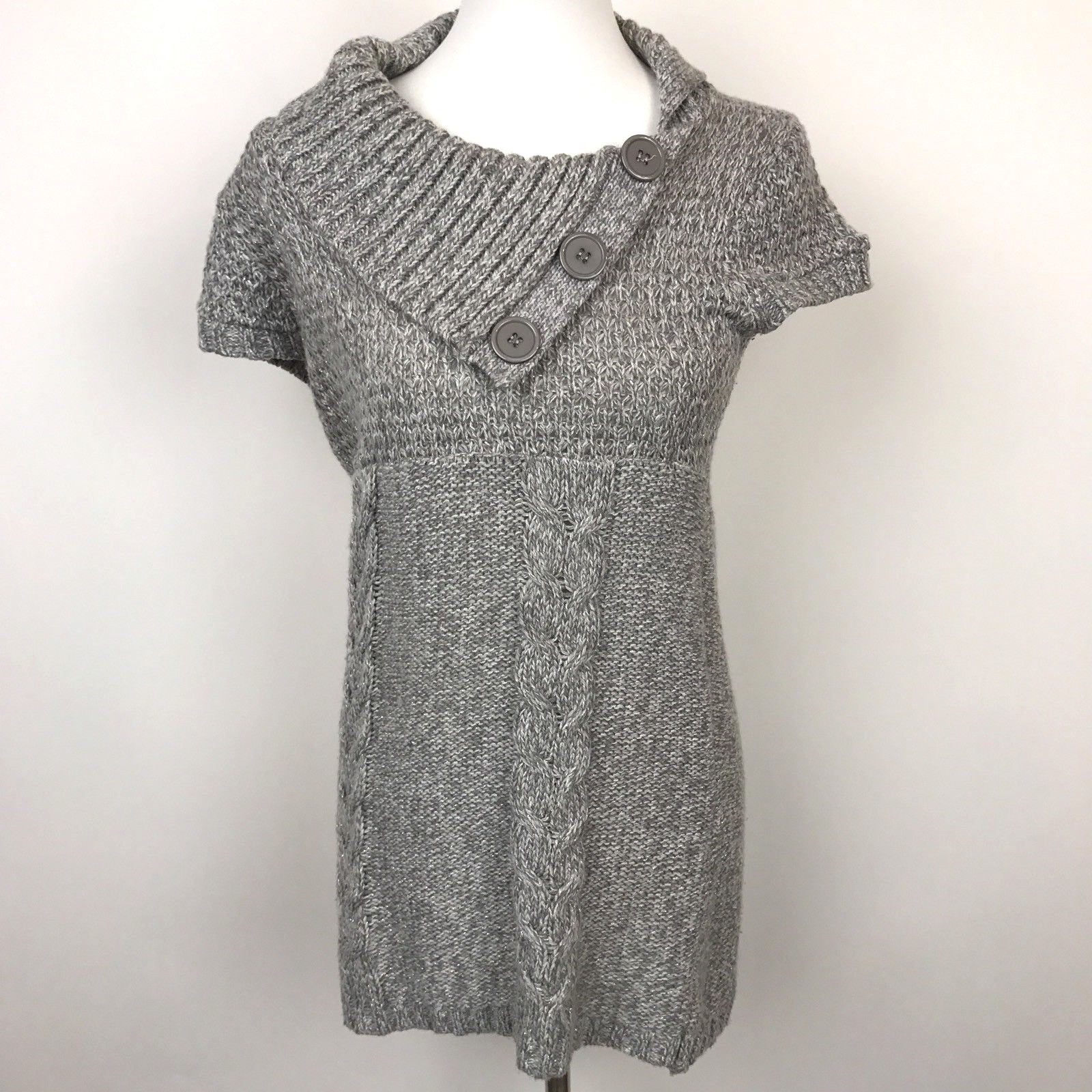 Sweater Project Juniors Chunky Tunic Short Sleeve Gray Metallic Thread Size L-image