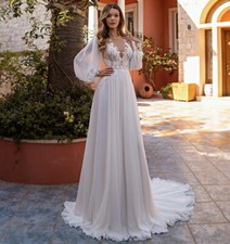 Elegant Chiffon Wedding Dresses O-Neck Puff Sleeves Lace Appliques Bridal Gowns