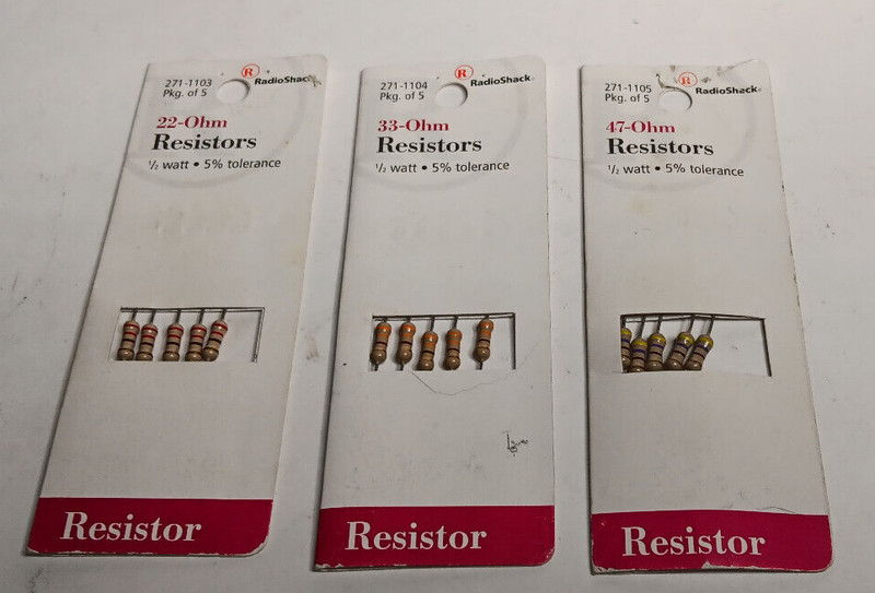Radio Shack 1/2 Watt Resistors 5 Pk lot - 22 33 47 Ohm NIP