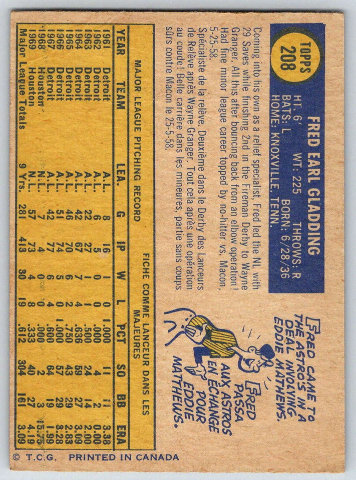 1970 O-Pee-Chee #208 Fred Gladding (ref 172822) - Image 2 of 2