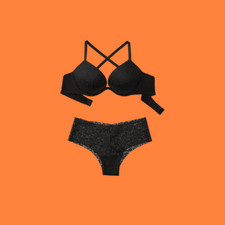 Victoria's Secret PINK SUPER PUSH-UP BRA Panty set Black Leopard 36DD Large NWT