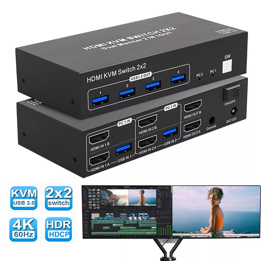4K 60Hz Dual Monitor HDMI KVM Switch 2x2 USB 3.0 Extended Display
