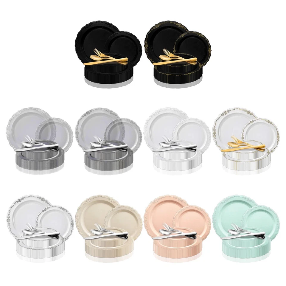 Juego de vajilla de plástico desechable paquete de fiesta de boda elegantes platos vintage Foto 2 de 2