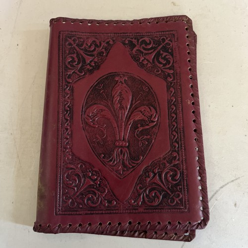 Vintage Embossed Red Leather Book Cover Hand Tooled, Braided 7x9’’ Lion At Back