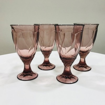 4 Vtg Noritake Cranberry Plum Violet Sweet Swirl Pressed Glass Goblet