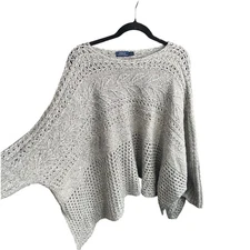 Polo Ralph Lauren Cable Knit Wool Gray Poncho Sweater Medium Drape Boho Heritage