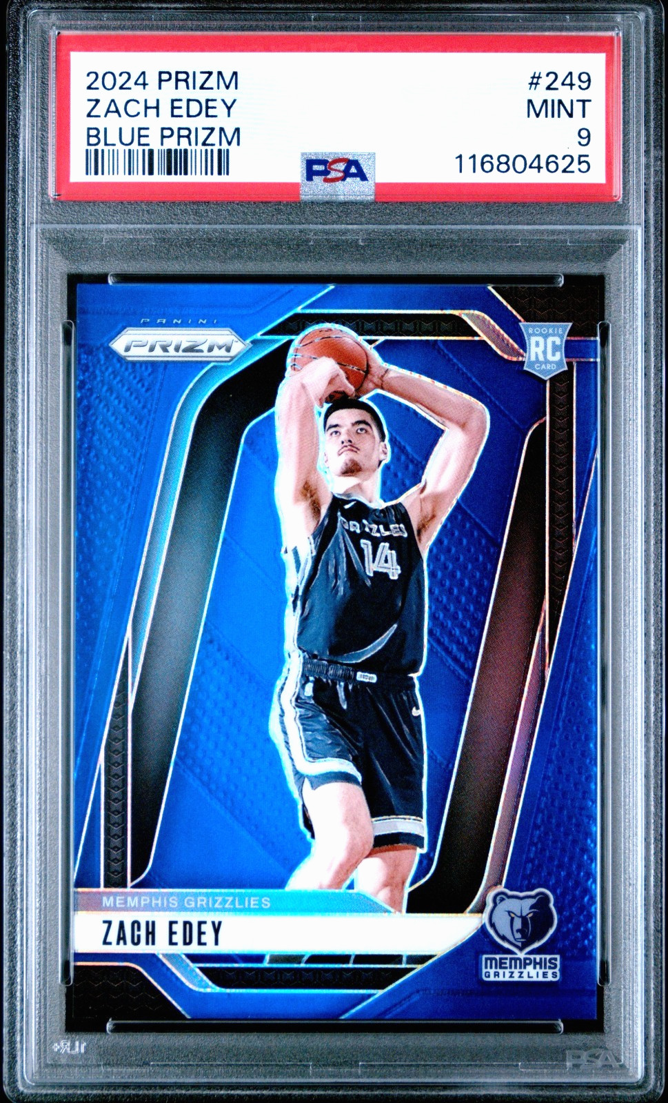2024-25 Panini Prizm Zach Edey Rookie Blue Prizm #/199 PSA 9 Grizzlies RC #249