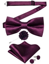 Mens Satin Pre-tied Bowtie and Pocket Square Cufflinks Set Dark Purple