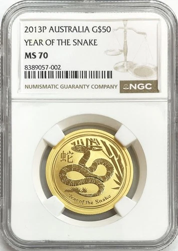 2013 GOLD AUSTRALIA 1/2 OZ $50 DOLLAR LUNAR YEAR OF THE SNAKE COIN NGC MS 70
