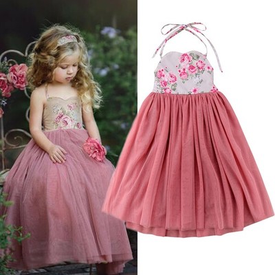 Kids Girls Sleeveless Lace Flower Dress Maxi Floral Long Princess Wedding
