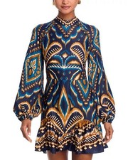 Farm Rio Pineapple Ikat Long-Sleeve Blue Raglan Mini Dress Sz XS NWT MSRP: $248