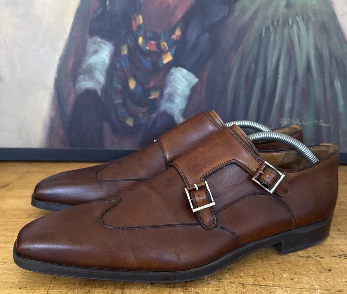 MAGNANNI Brown Cognac Double Monk Strap Leather Wing Tips Shoes M 12