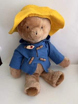 1975 Vintage 19" Paddington Bear Yellow Hat Light Blue Duffle Coat Eden Plush - Image 1 of 4