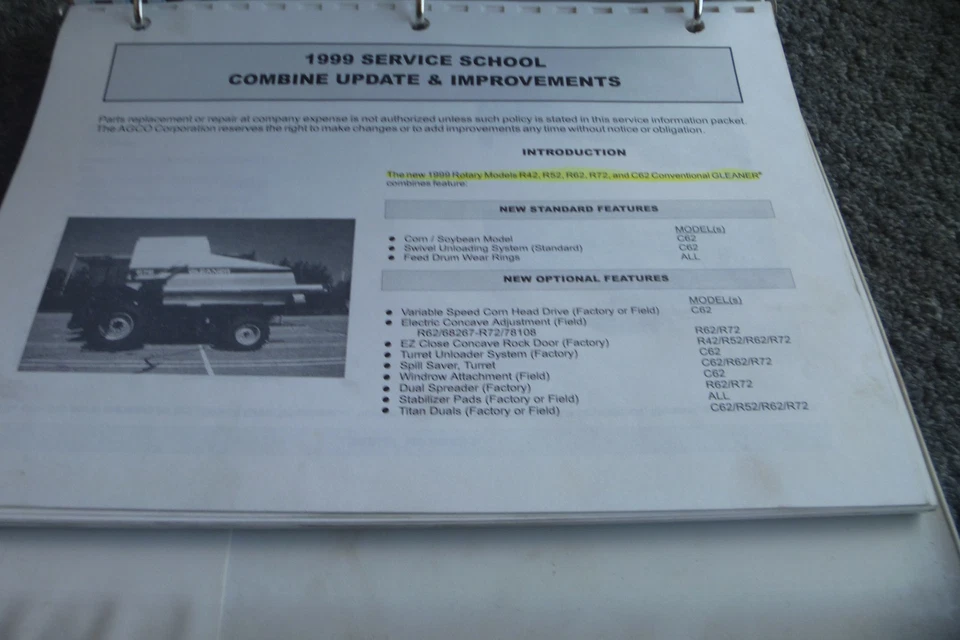 1999 AGCO Gleaner Combine R42 R52 R62 R72 C62 Service Training Manual xz - Image 2 of 4