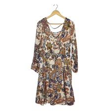 Lascana Vivance Mini Dress Womens Size 12 Beige Paisley Long Sleeve Bohemian