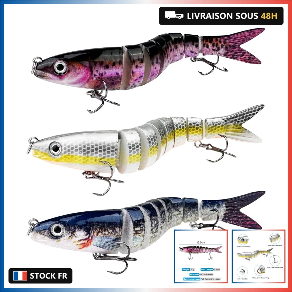 3 Pièces Leurres de Pêche, Leurres Articulés Pêche Aux, Leurres Poissons Nageurs - Photo 1/4