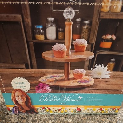 Pioneer Woman Celia 2 Tier Server Wooden Painted Flowers Lazy Susan