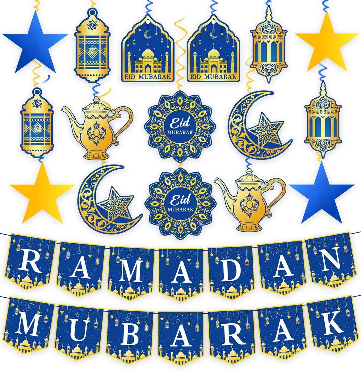 34 Pezzi Decorazioni Ramadan Pre-assemblate – Ghirlanda Con Banner, Lune E Stelle Per Feste Eid