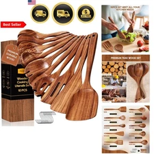 Wooden Spoons for Cooking Kitchen Utensil Set with Hooks Natural Teak 10PCS