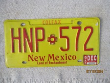 New Mexico Licenes Plate 1992 sticker/Colfax # HNP-572 Yellow/red letters
