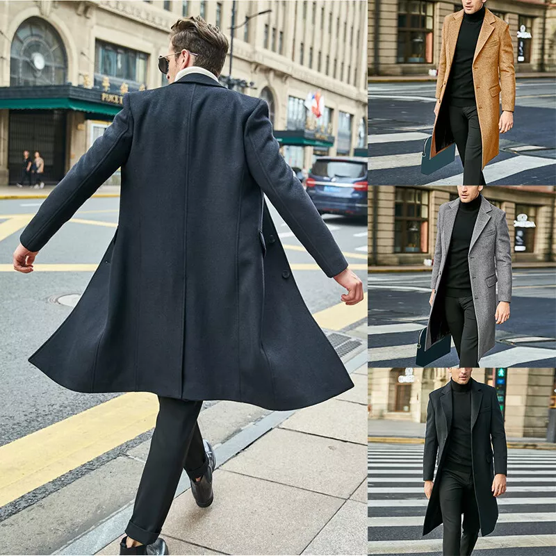 Men Trench Coat Winter Lapel Long Jacket Overcoat Office Outwear