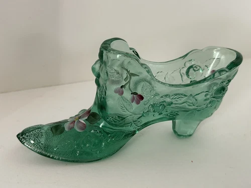 Fenton Glass Green Shoe Cabbage Rose Hand Painted Signed