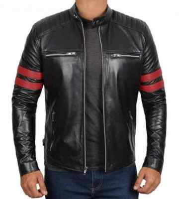 Vintage Black Men's Café Racer with Red Strip Biker Jacket Real Leather Jacket