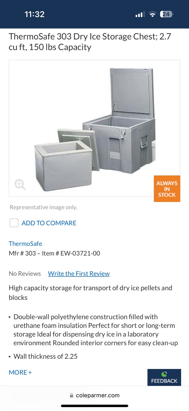 ThermoSafe 303 Dry Ice Storage Chest; 2.7 cu ft, 150 lbs Capacity New