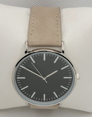 Mens Classic Minimalistic Round Silver Tone Black Dial Beige Faux Band Watch J2 - Picture 4 of 9