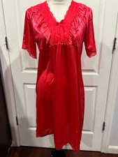 Women Short Sleeve Silky Thin Nightgown Red Sz L 37"Lx19"W