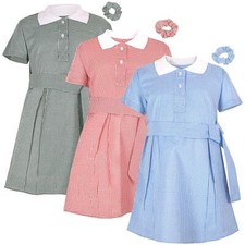 Kids Girls Gingham School Dress Check Belted Dresses With Matching Scrunchies