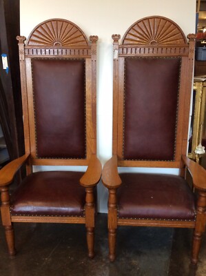 Pair Of Massive Oak Carved Leather Throne Chairs 72 H Ebay