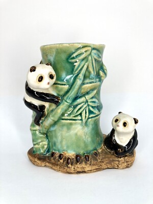 Majolica Panda & Bamboo Vase Planter MCM VTG Cute Signed | eBay
