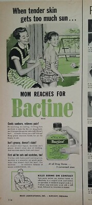 1956 mom uses Bactine little girl tender skin too much sun sunburn vintage ad