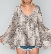 Show Me Your Mumu Lizzie Snakeskin Gray Ivory Bell Sleeve Oversized Top Boho M
