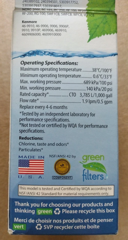 Swift Refrigerator Replacement Water Filter SGF-WF1CB for  Frigidaire & Kenmore  Foto 3 de 4