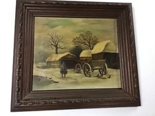 Antique Folk Art Oil/Academy Board Heavy Black Walnut Frame