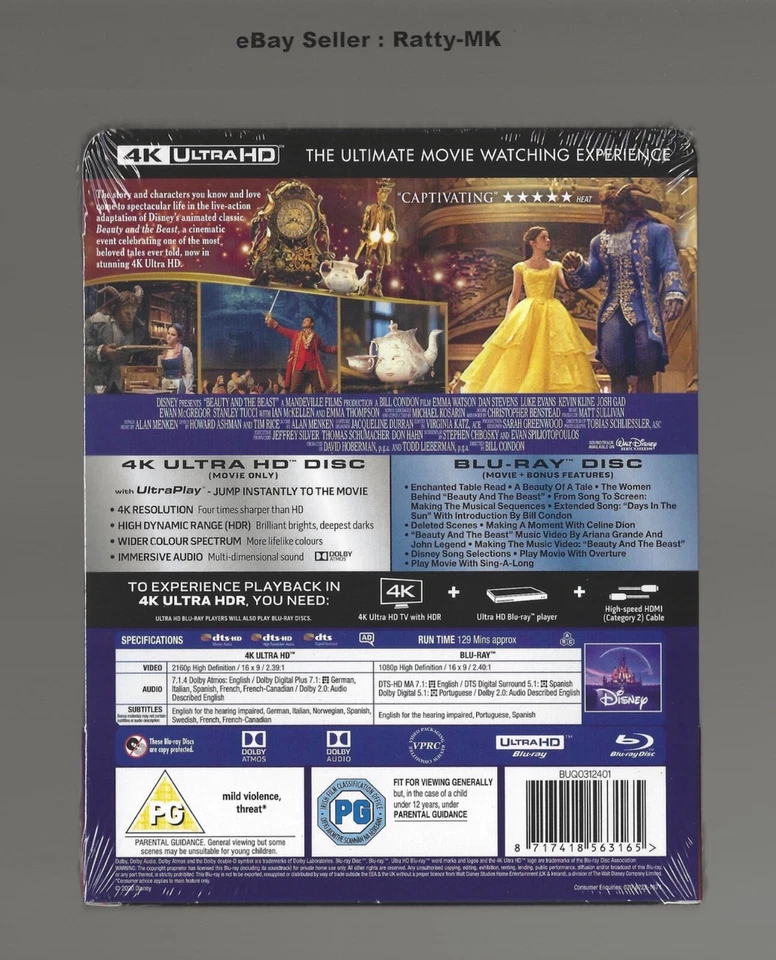 BEAUTY AND THE BEAST (2017) - UK EXCLUSIVE 4K + BLU RAY STEELBOOK - NEW & SEALED - Image 2 of 4