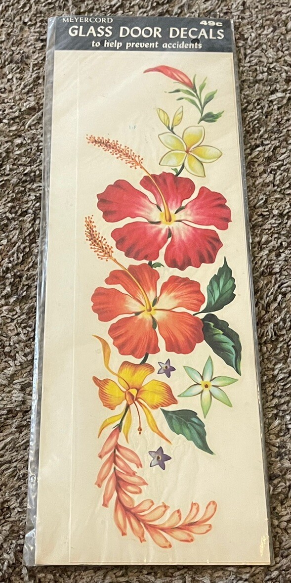 Vintage Meyercord Glass Door Decal - Hawaiian Flowers, Hibiscus